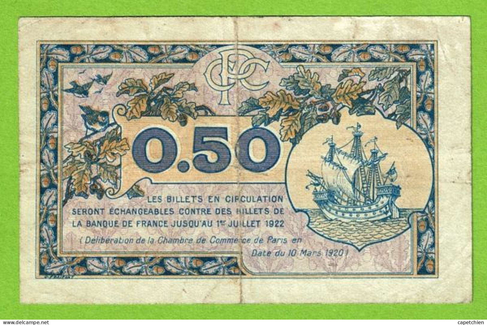 FRANCE / CHAMBRE De COMMERCE De PARIS / 50 CENT. / 10 MARS 1920 / N° 007,522 / SERIE A 12 - Cámara De Comercio