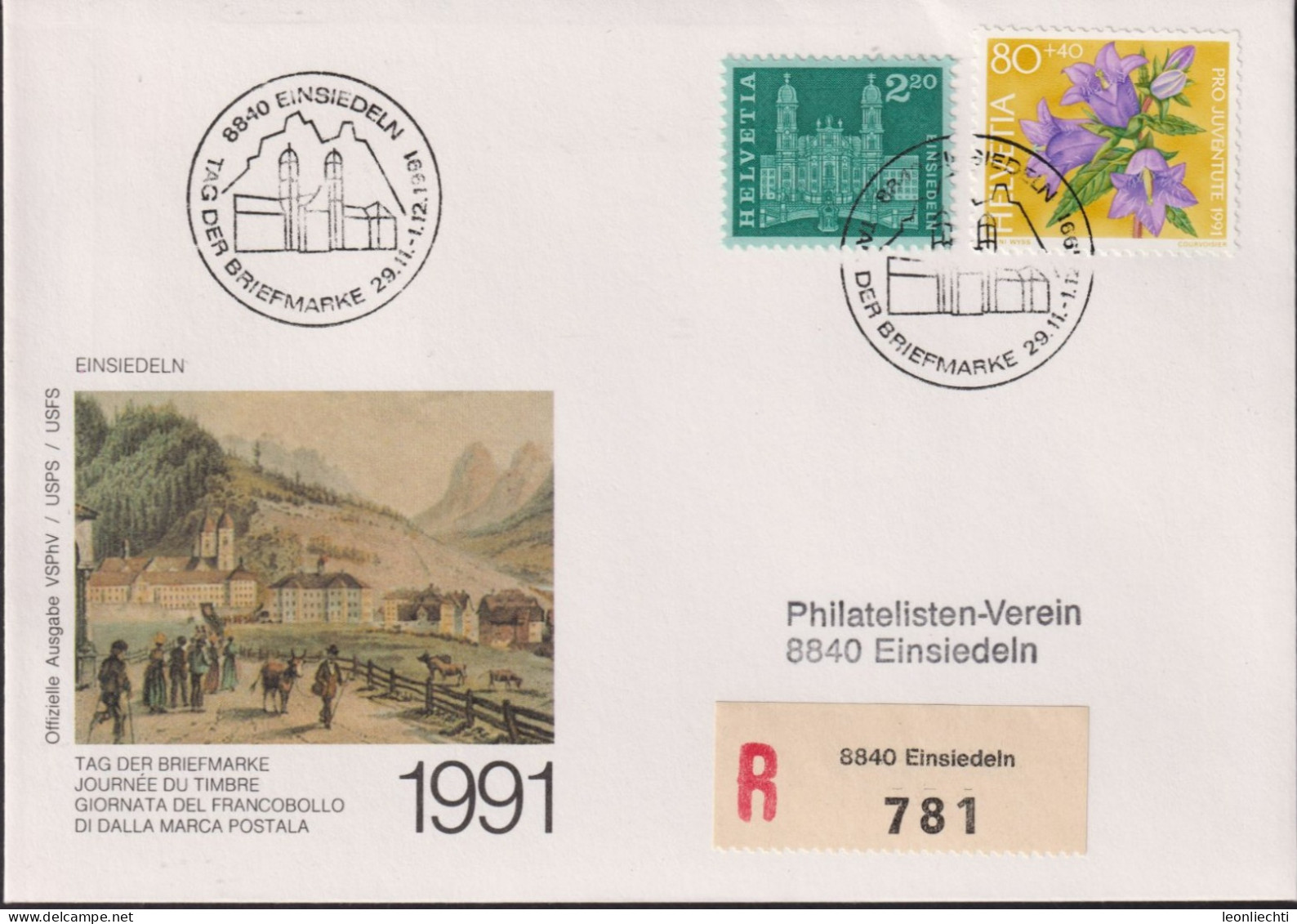 1991 Schweiz Tag Der Briefmarke Einsiedeln, Mi:CH 766+1457,Yt:CH 660A+1385, Zum:CH 393+J321 - Dag Van De Postzegel