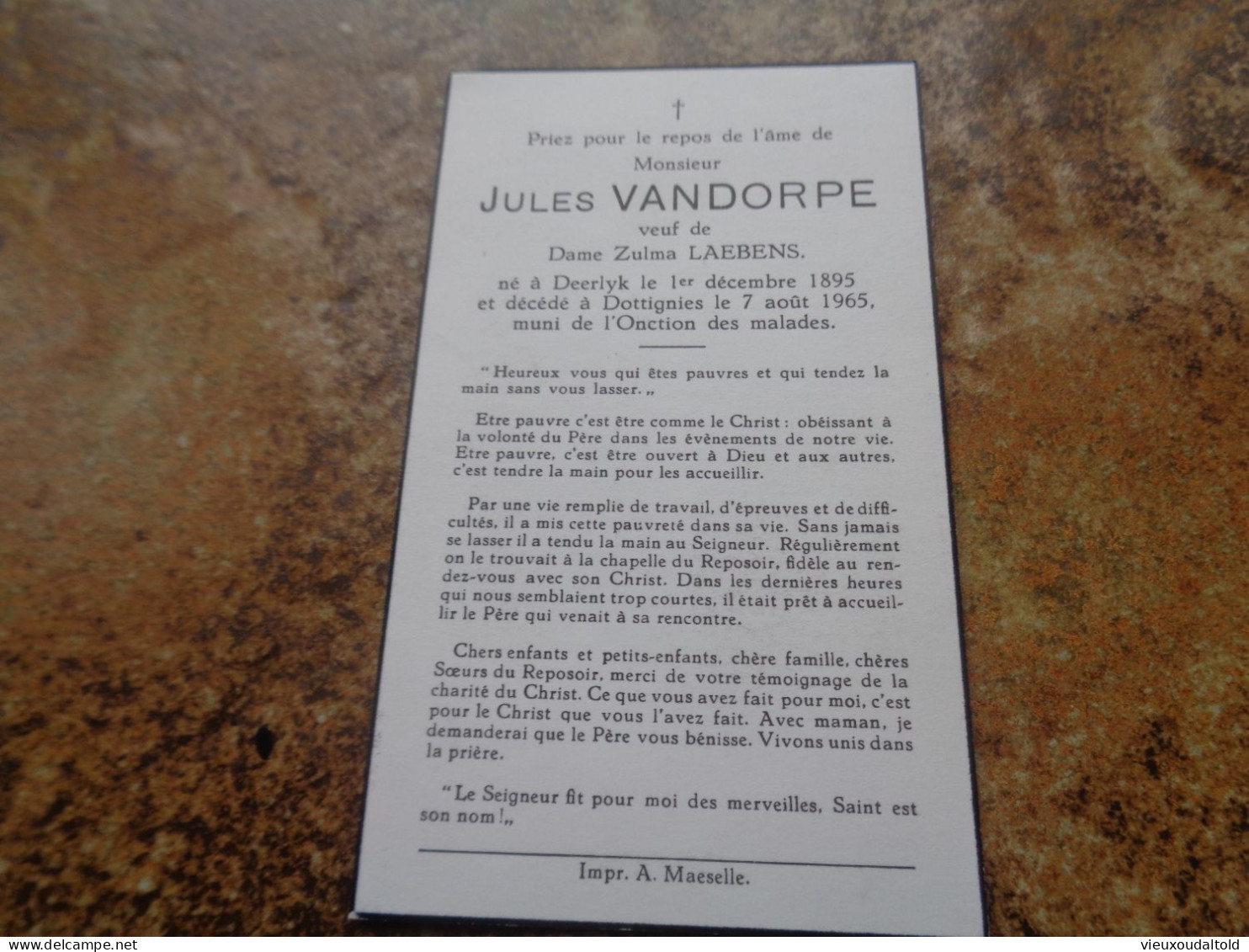 --Doodsprentje/Bidprentje  JULES VANDORPE  Deerlyk 1895-1965 Dottignies  (Vf Zulma LAEBENS) - Religion & Esotérisme