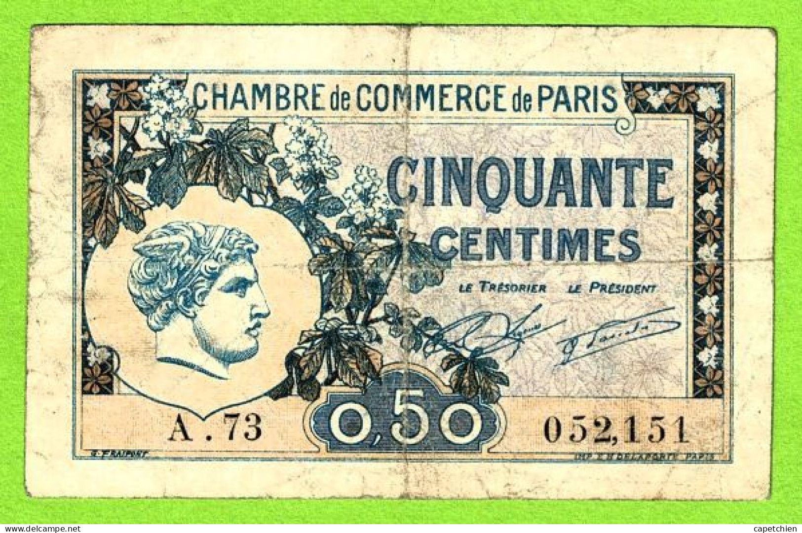 FRANCE / CHAMBRE De COMMERCE De PARIS / 50 CENT. / 10 MARS 1920 / N° 052,151 / SERIE A 73 - Cámara De Comercio