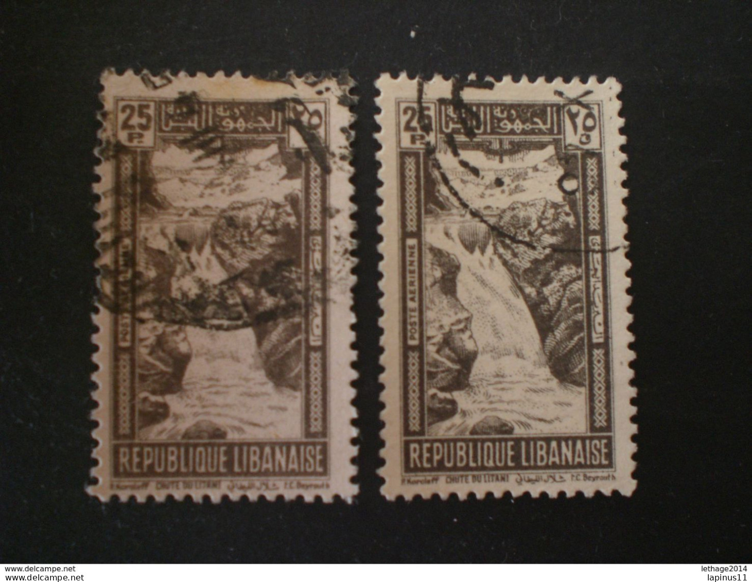 LEBANON GRAND LIBAN 1945 Airmail Falls Of R. Litani And Winter Sports Field ERROR COLOR VARIETE SEPHIA TO GREY BROWN - Libano