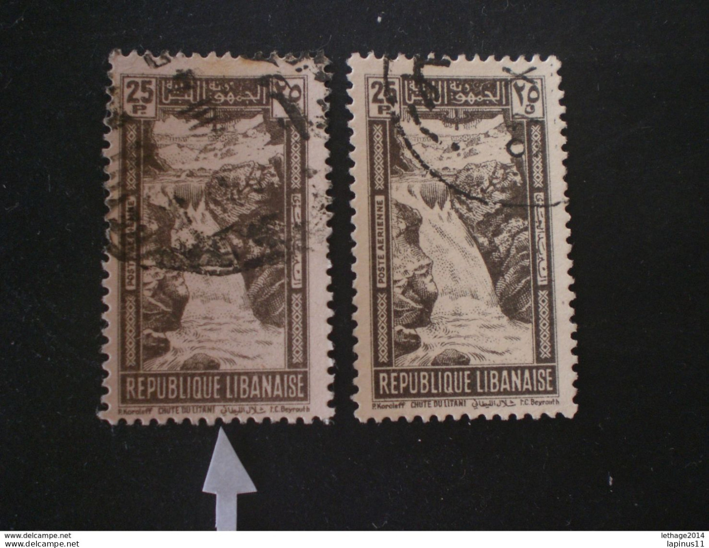 LEBANON GRAND LIBAN 1945 Airmail Falls Of R. Litani And Winter Sports Field ERROR COLOR VARIETE SEPHIA TO GREY BROWN - Libano