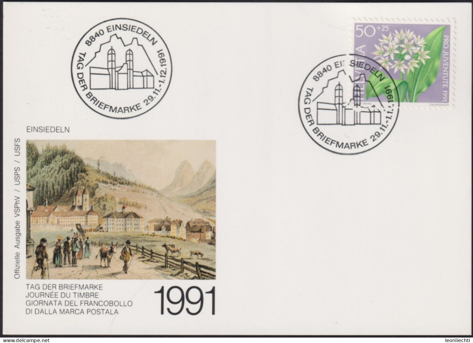 1991 Schweiz Karte Tag Der Briefmarke Einsiedeln, Mi:CH 1455,Yt:CH 1383, Zum:CH J319, Bärlauch - Briefe U. Dokumente