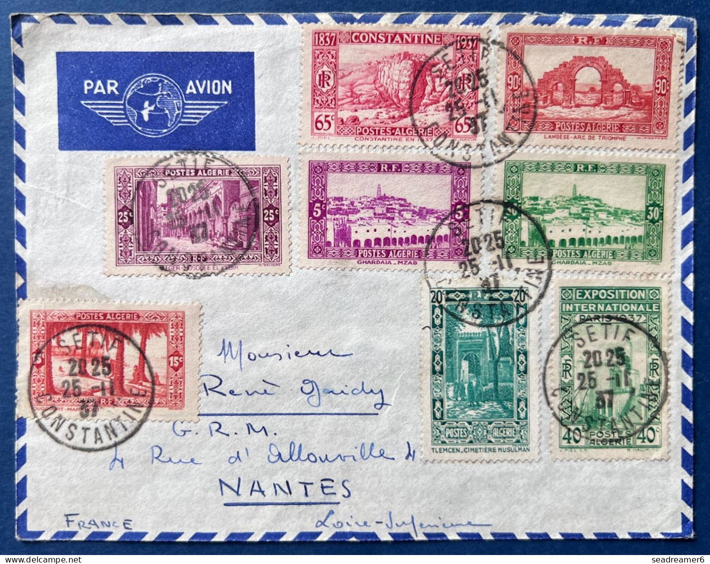 ALGERIE Lettre 2 NOV 1937 Par Avion Serie GHARDHAIA CONSTANTINE Oblitérés Dateur SETIF / CONSTANTINE Pour NANTES - Covers & Documents