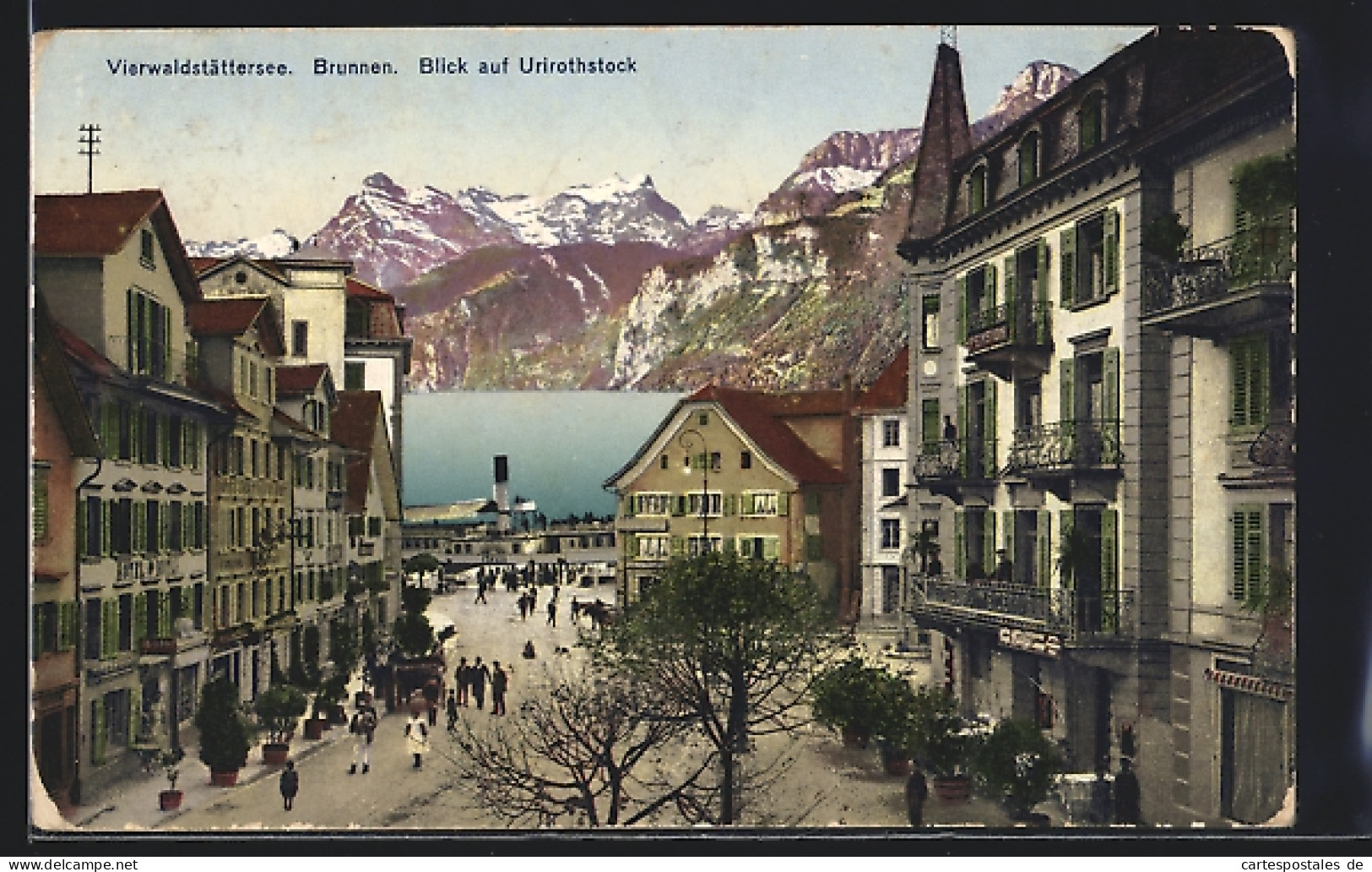 AK Brunnen, Strassenpartie Am Vierwaldstättersee Mit Seitenraddampfer Italia, Blick Auf Urirothstock  - Other & Unclassified