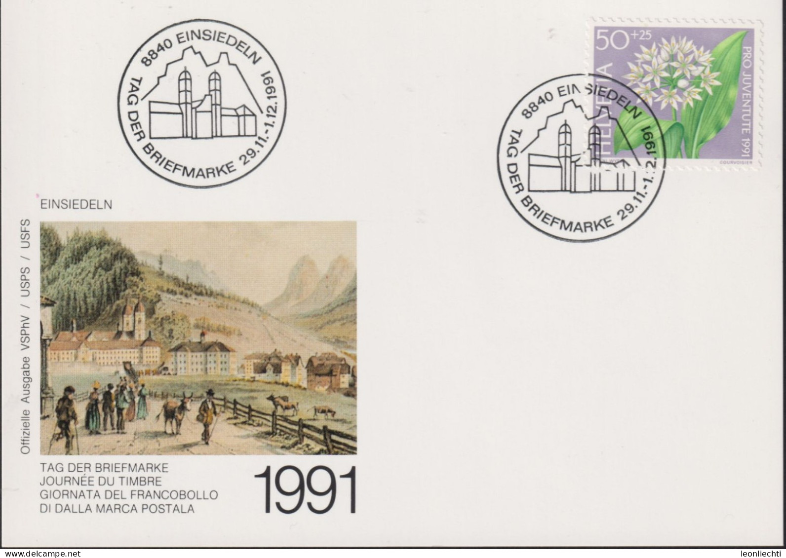 1991 Schweiz Karte Tag Der Briefmarke Einsiedeln, Mi:CH 1455,Yt:CH 1383, Zum:CH J319, Bärlauch - Tag Der Briefmarke