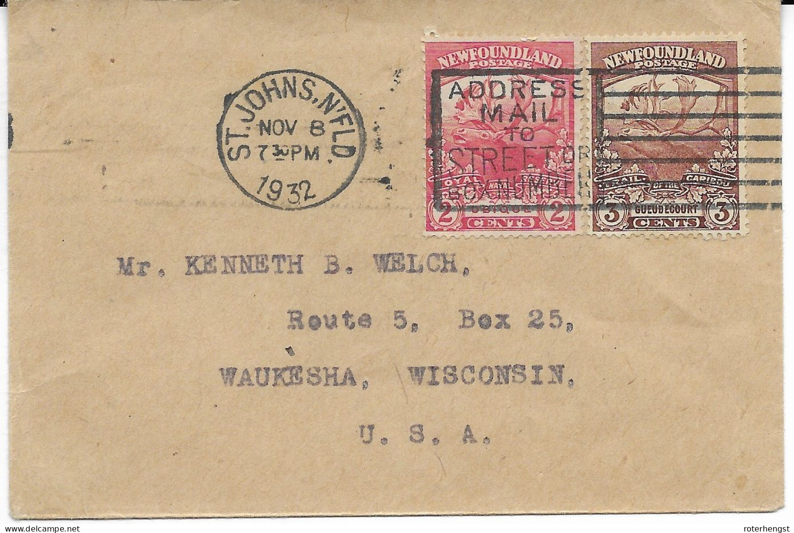 New Foundland Small Letter 1932 To Waukesha Wisconsin USA - 1908-1947