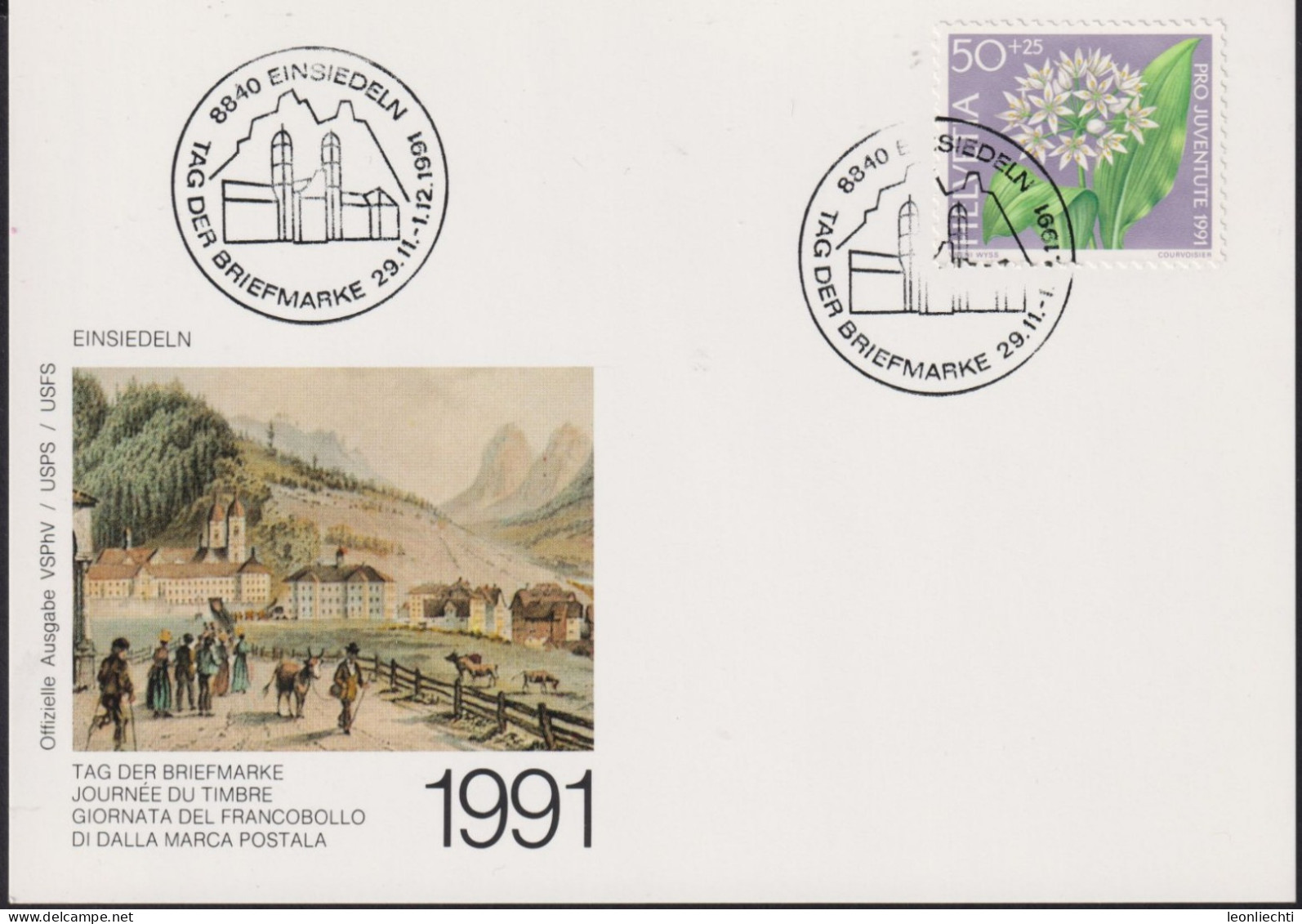 1991 Schweiz Karte Tag Der Briefmarke Einsiedeln, Mi:CH 1455,Yt:CH 1383, Zum:CH J319, Bärlauch - Giornata Del Francobollo