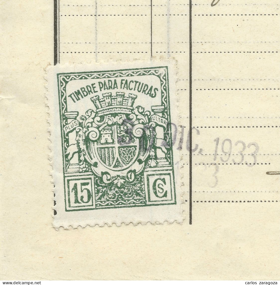 REPUBLICA ESPAÑOLA 1933 — TIMBRE PARA FACTURAS 15 Cts En Antigua Factura — Sello Fiscal Usado (o) - Steuermarken