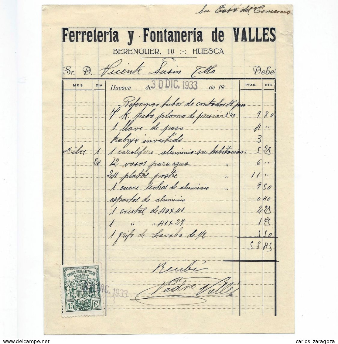 REPUBLICA ESPAÑOLA 1933 — TIMBRE PARA FACTURAS 15 Cts En Antigua Factura — Sello Fiscal Usado (o) - Fiscale Zegels