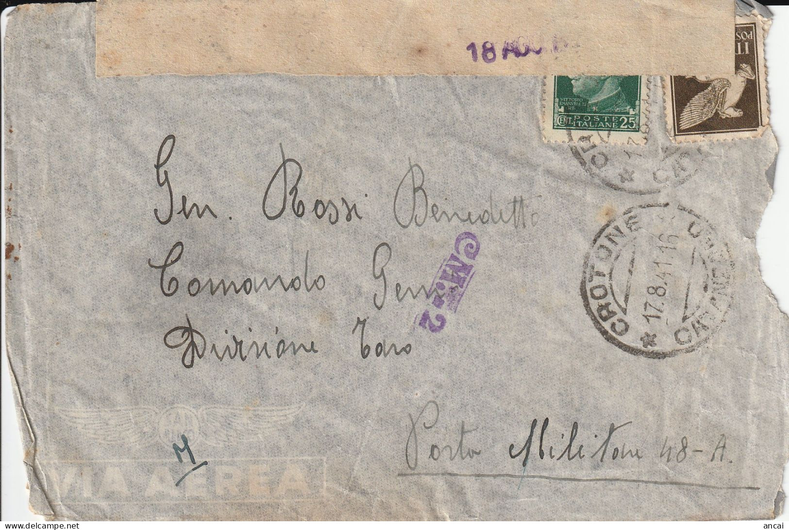 Italy. A203. 1941. Lettera Da Crotone Per POSTA MILITARE 48 - A. VERIFICATO PER CENSURA - 1939-45
