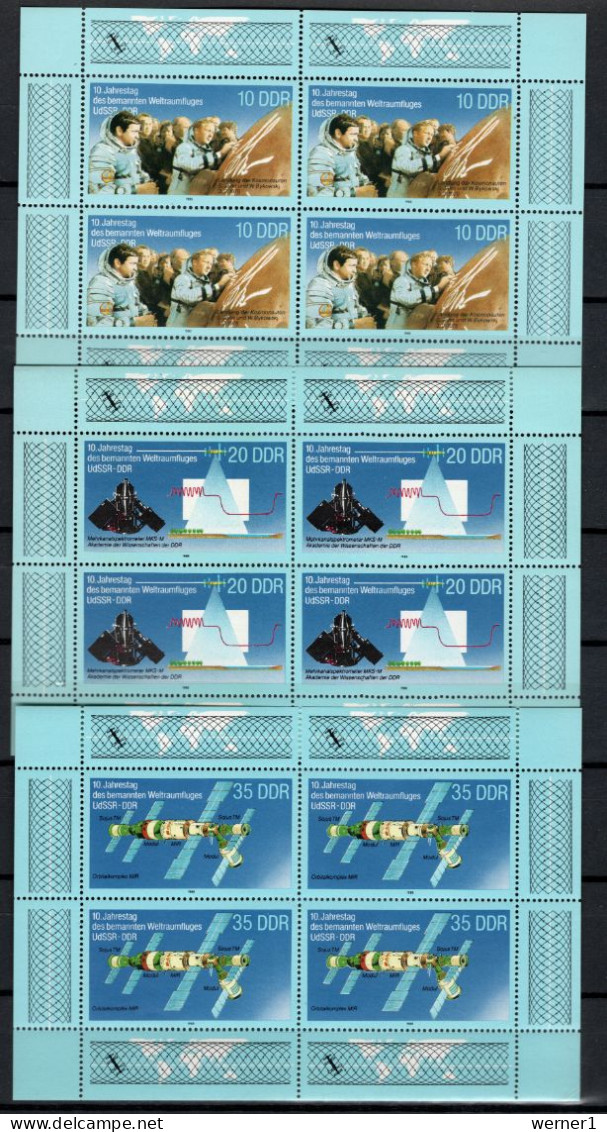 DDR 1988 Space, 10th Anniversary Of Spaceflight USSR - DDR Set Of 3 Sheetlets MNH - Europe