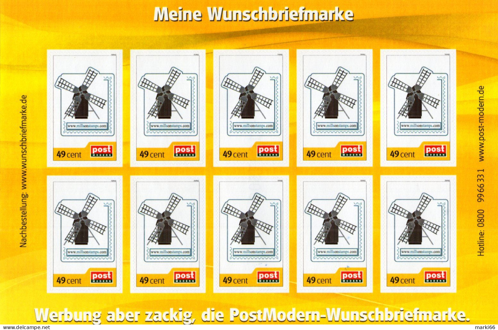 Germany - Post Modern - 2010 - Windmill - Millsonstamps.com - Mint Self-adhesive Personalized Stamp SHEET - Privados & Locales