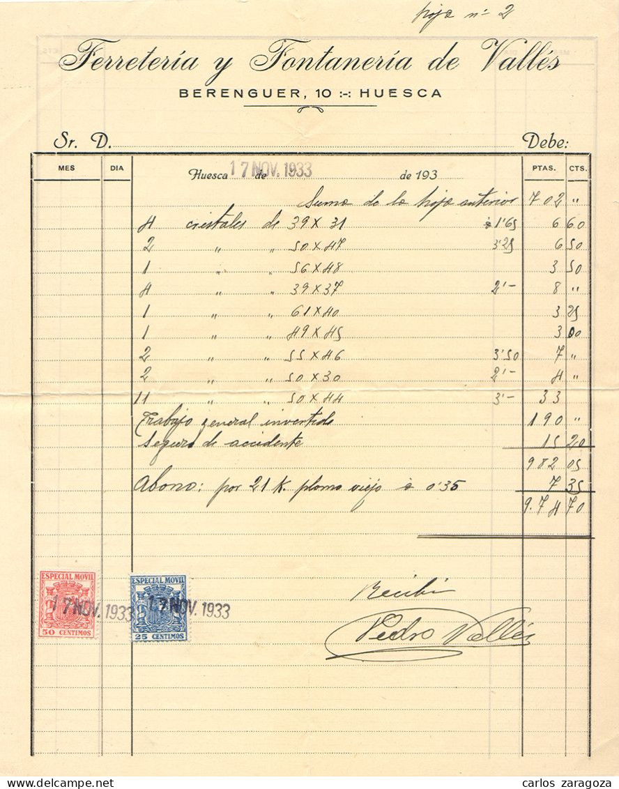 ESPAÑA 1933 — Timbres ESPECIAL MOVIL En Factura Antigua — Sellos Fiscales De La República - Revenue Stamps