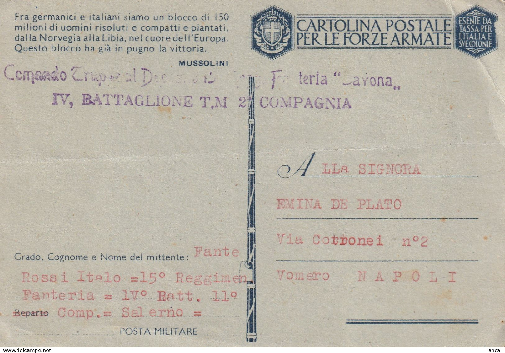 Italy. A203. 1942. Cartolina Postale 15° REGGIMENTO FANTERIA "SAVONA" IV BATTAGLIONE T.M 2^COMPAGNIA - 1939-45