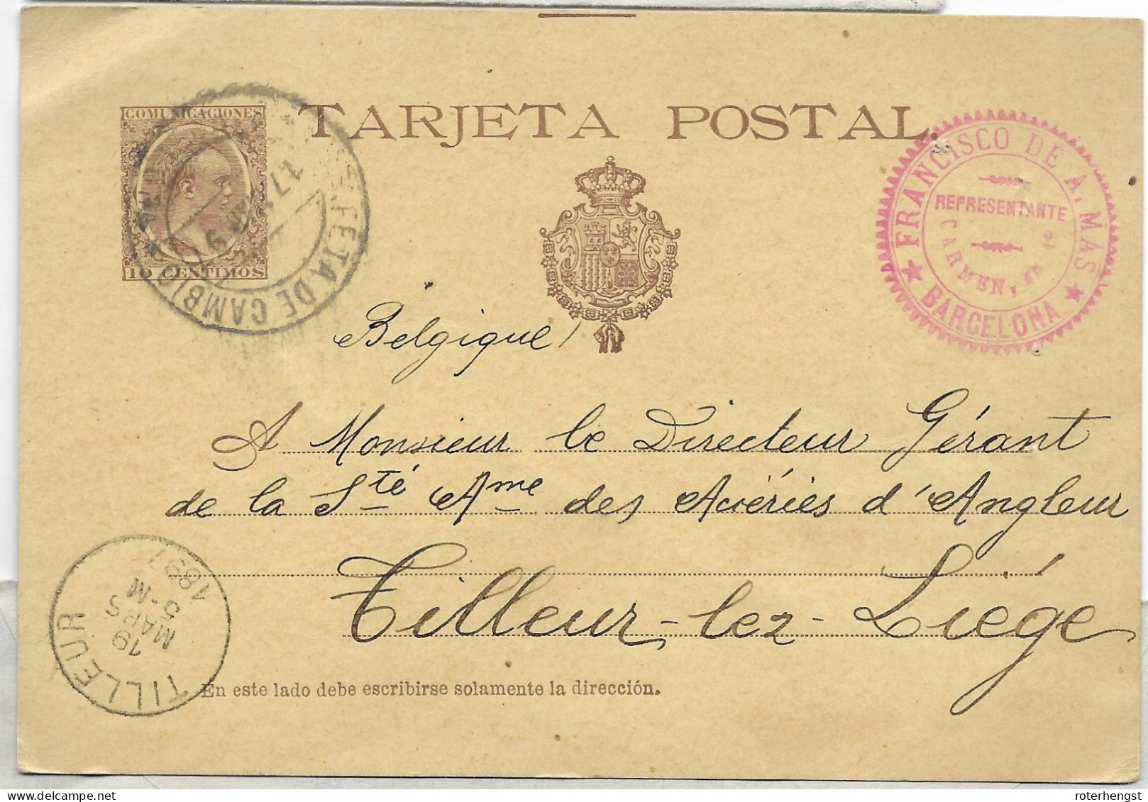 Spain Stationary 1897 To Belgium Barcelona - Brieven En Documenten