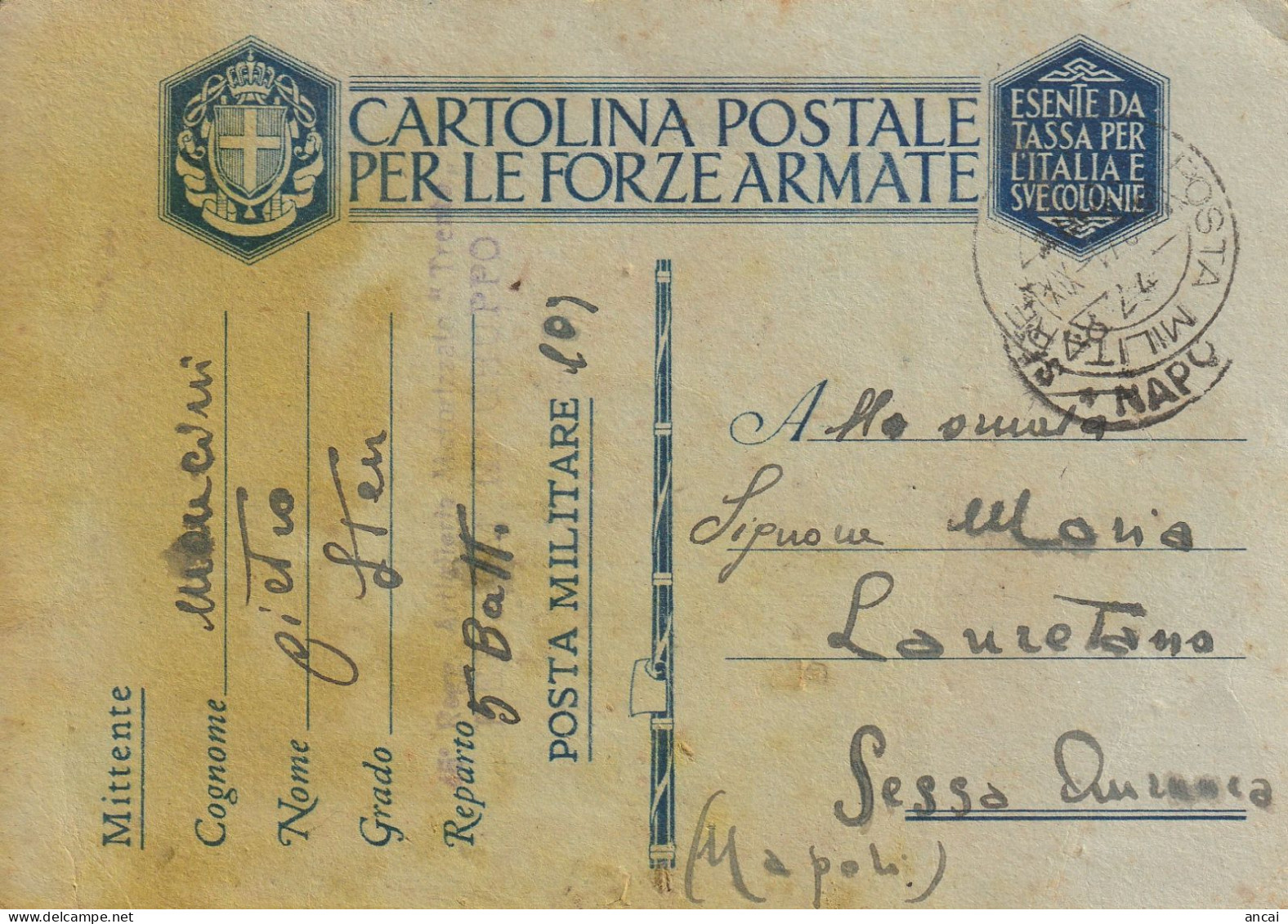 Italy. A203. 1941. Cartolina Postale Da POSTA MILIARE 109 (?) Per Sessa Aurunca - 1939-45