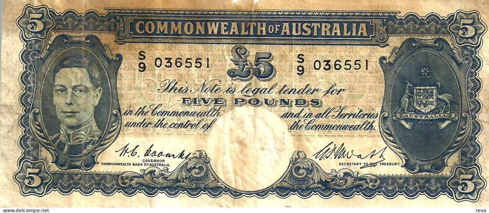 AUSTRALIA 5 POUNDS BLUE 3RD ISSUE KGVI HEAD ND(1949) SIG, COOMBS -WILSON WITHDRAWED 1966 F READ DESCRIPTION CAREFULLY !! - 1938-52