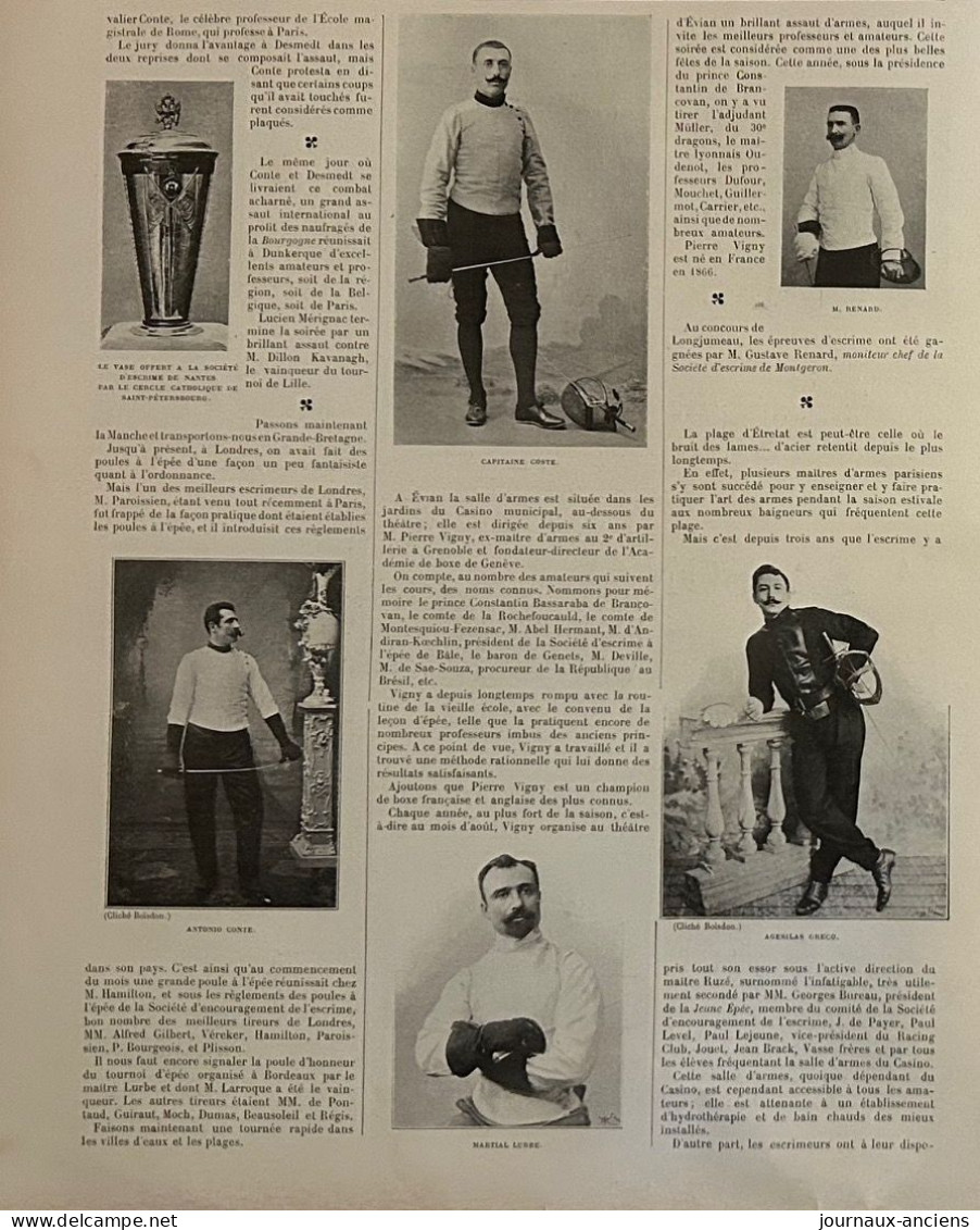 1898 ESCRIME - LA SAISON D'ÉPÉE  - LYON - LILLE - ÉTRETAT - BELGIQUE - BORDEAUX ETC... - LA VIE AU GRAND AIR - Magazines - Before 1900