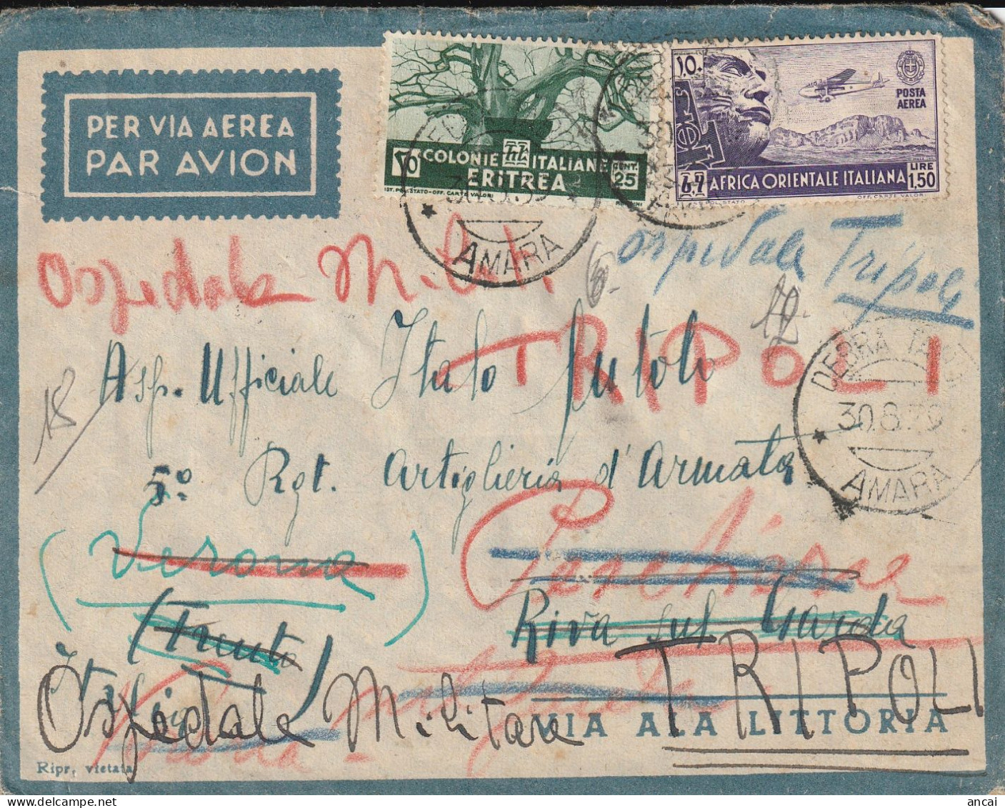 Italy. A203. 1939. Lettera Da DEBRA (AMARA)  Per OSPEDALE MILITARE TRIPOLI, Completa Di Testo - Africa Orientale Italiana