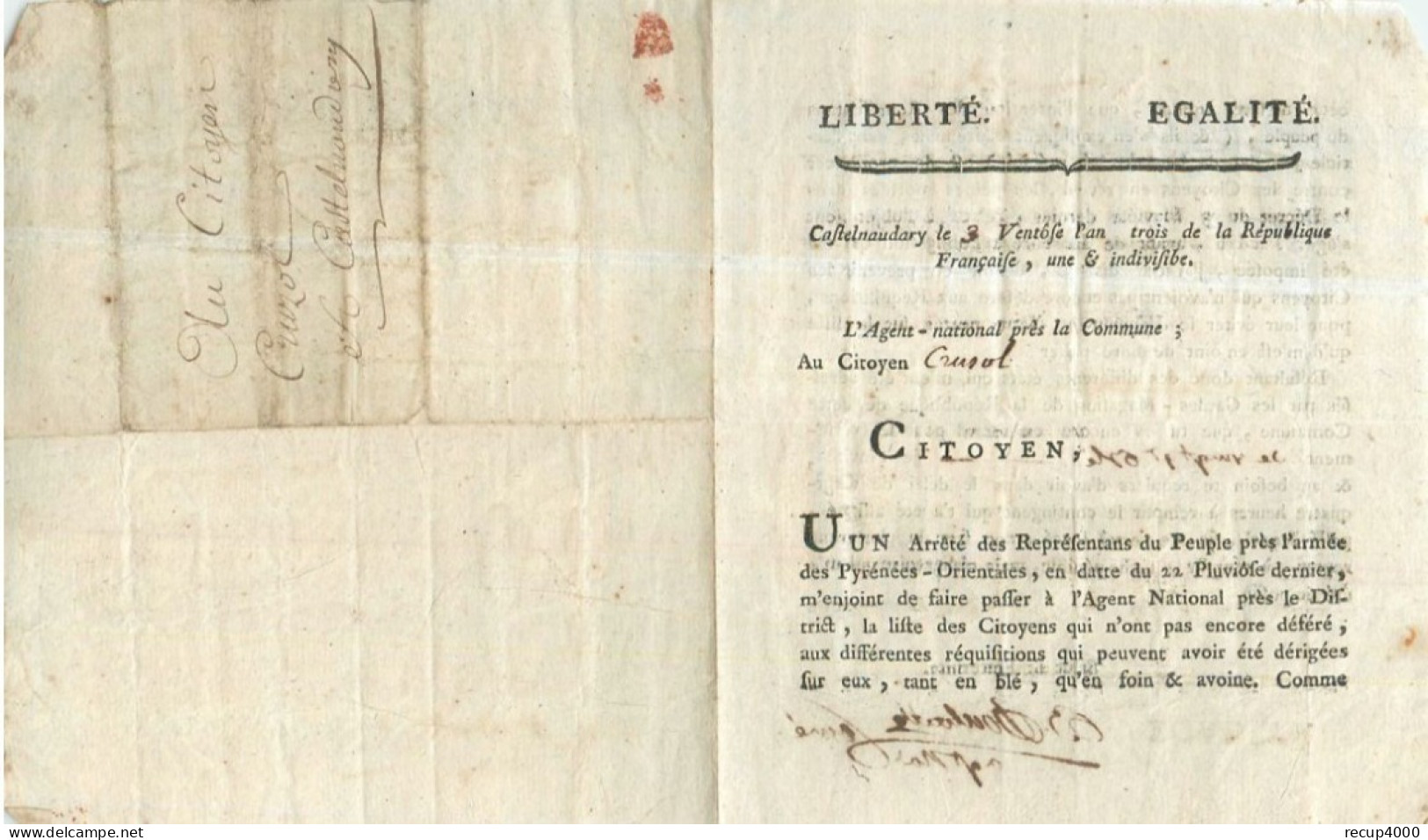 11 CASTELNAUDARY Lettre Du 3 Vendome De L' An 3 De La République Au Citoyen Cruzol 2scans - Castelnaudary