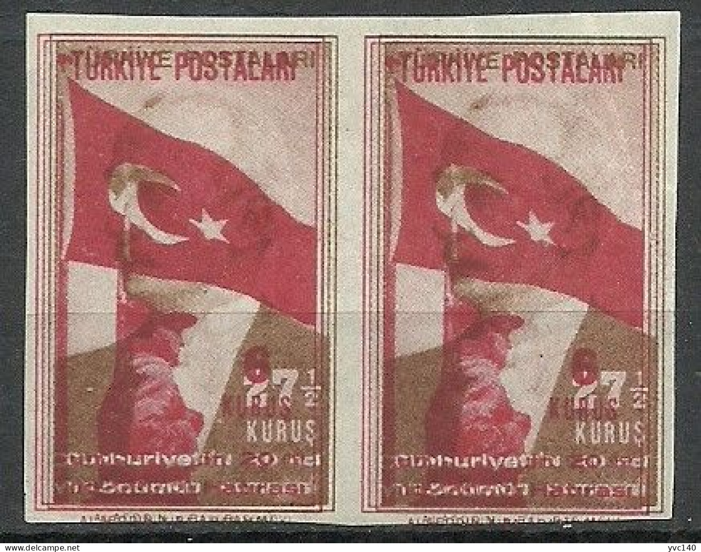 Turkey; 1943 20th Anniv. Of The Republic, Imperf. Pair ERROR "6 K. Printing On 27 1/2 K. Stamp" - Ungebraucht