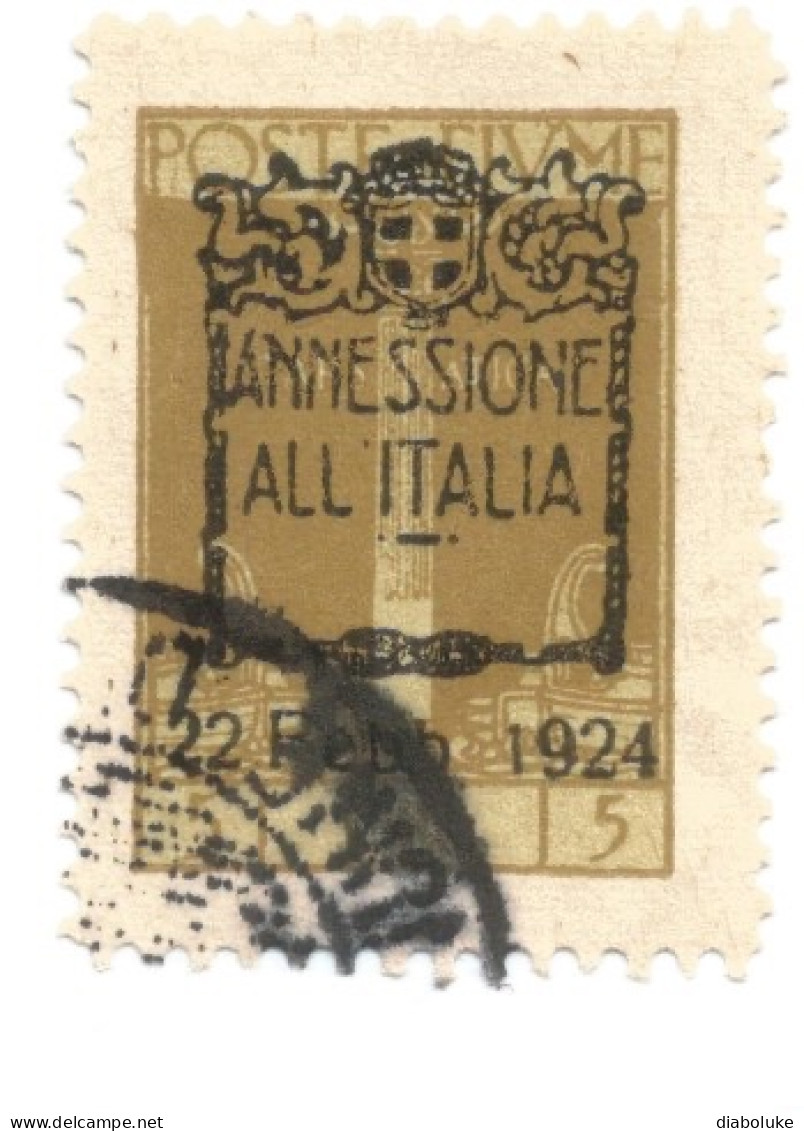 (COLONIE E POSSEDIMENTI) 1924, FIUME, ANNESSIONE ALL'ITALIA, 5L - 1 Francobollo Usato (CAT. SASSONE N.225) - Fiume