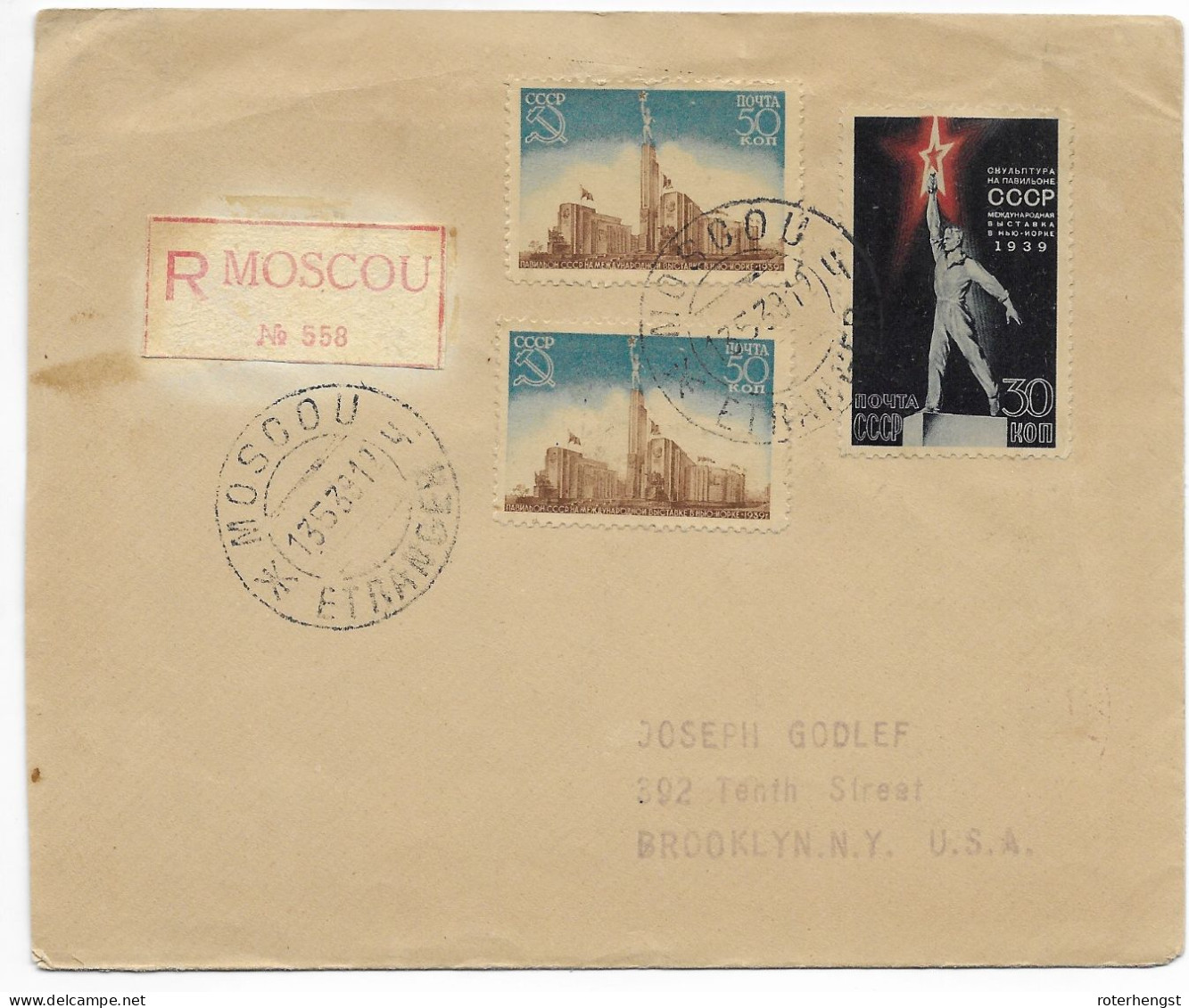 Soviet Union 1939 Registered FDC 13.5. To NY Brooklyn (US Cancels On Back) - Brieven En Documenten