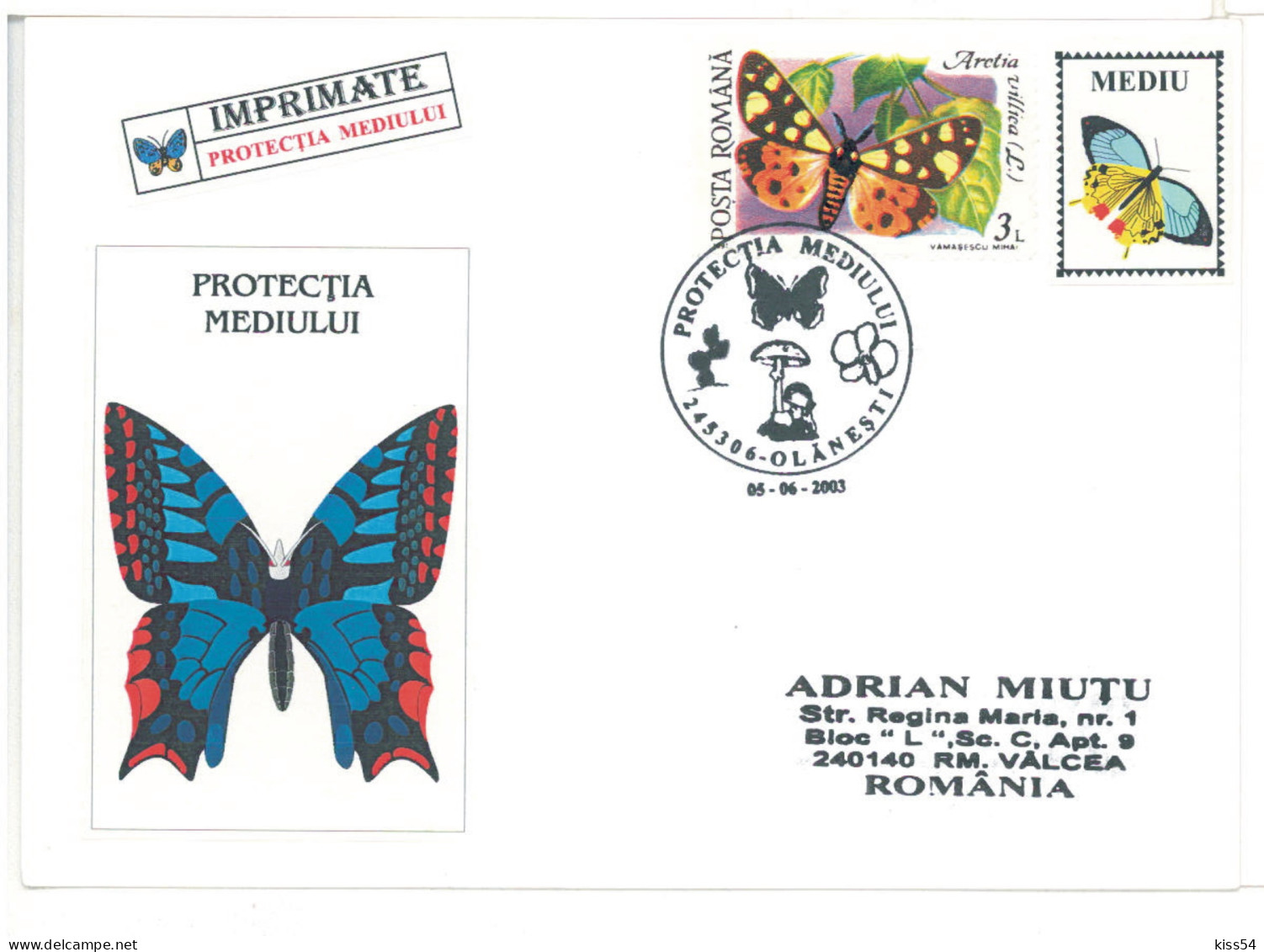 COV 97 - 637 BUTTERFLY, Romania - Cover - Used - 2003 - Butterflies