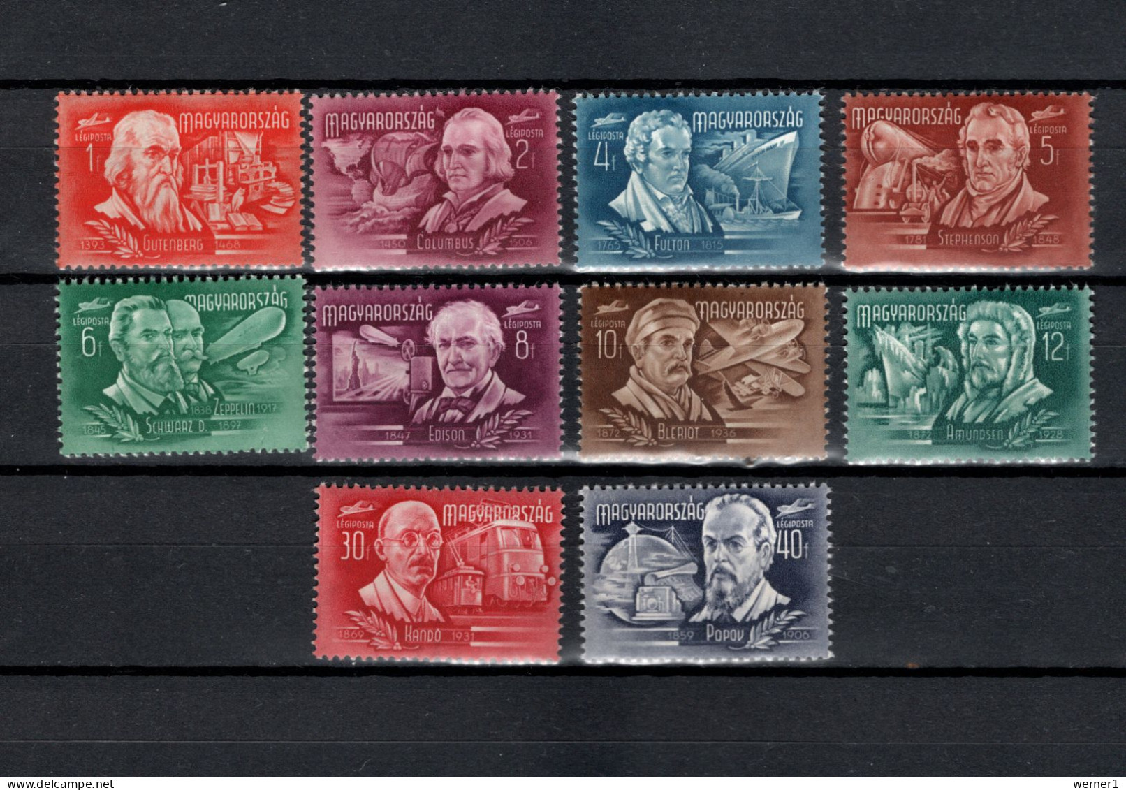 Hungary 1948 Space, Inventor And Discoverer, Edison, Zeppelin, Popov Etc. Set Of 10 MNH - Europe