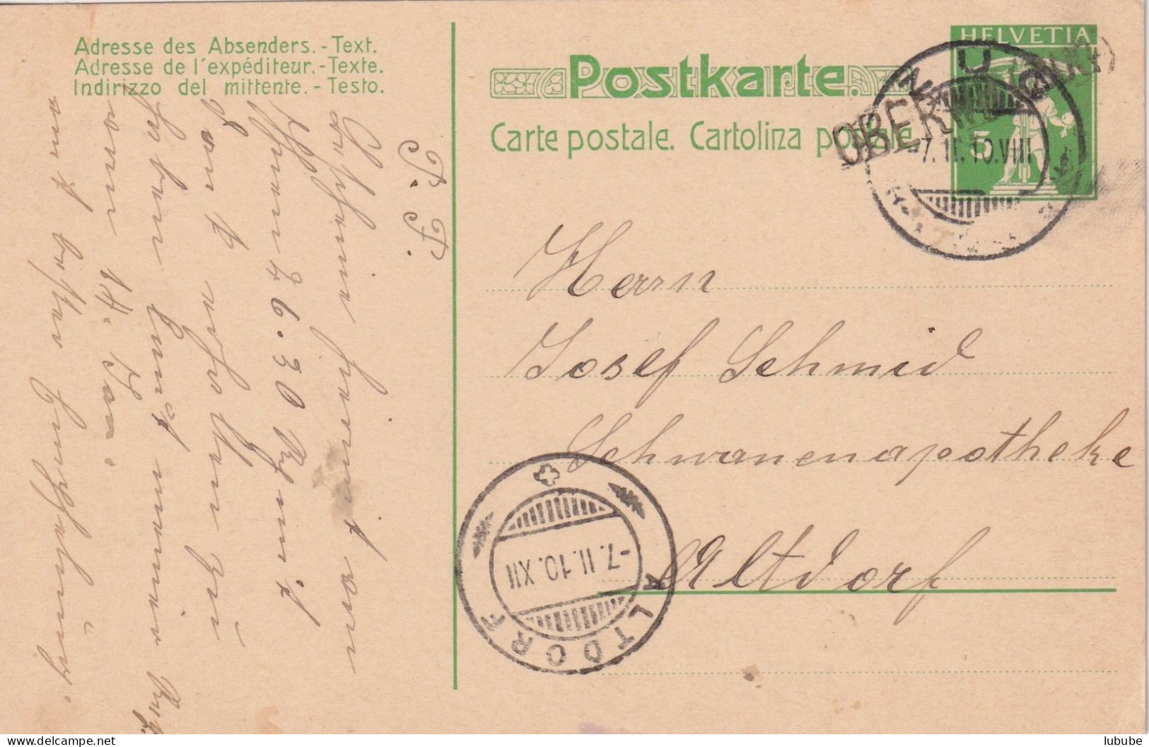 PK 39  Oberwil (Zug) - Zug - Altdorf  (Stabstempel)       1910 - Entiers Postaux