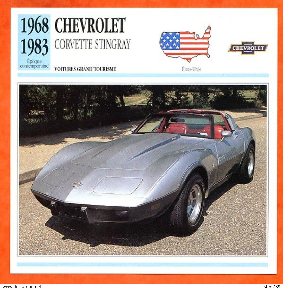 CHEVROLET CORVETTE STINGRAY 1968 Voiture Grand Tourisme USA Fiche Technique Automobile - Auto's