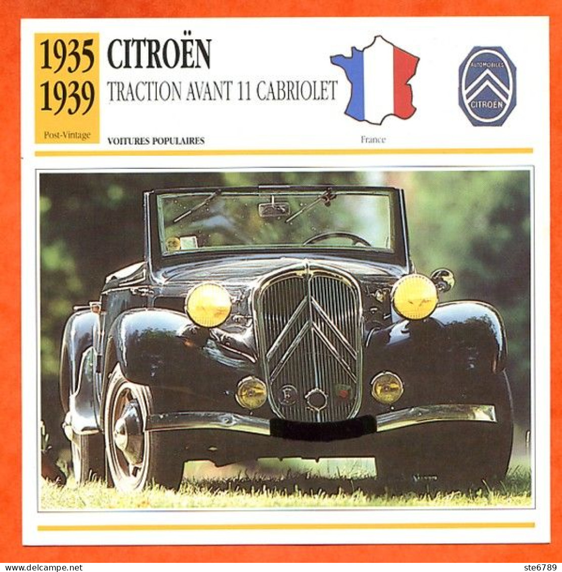 CITROEN TRACTION AVANT 11 CABRIOLET 1935 Voiture Populaire France Fiche Technique Automobile - Auto's