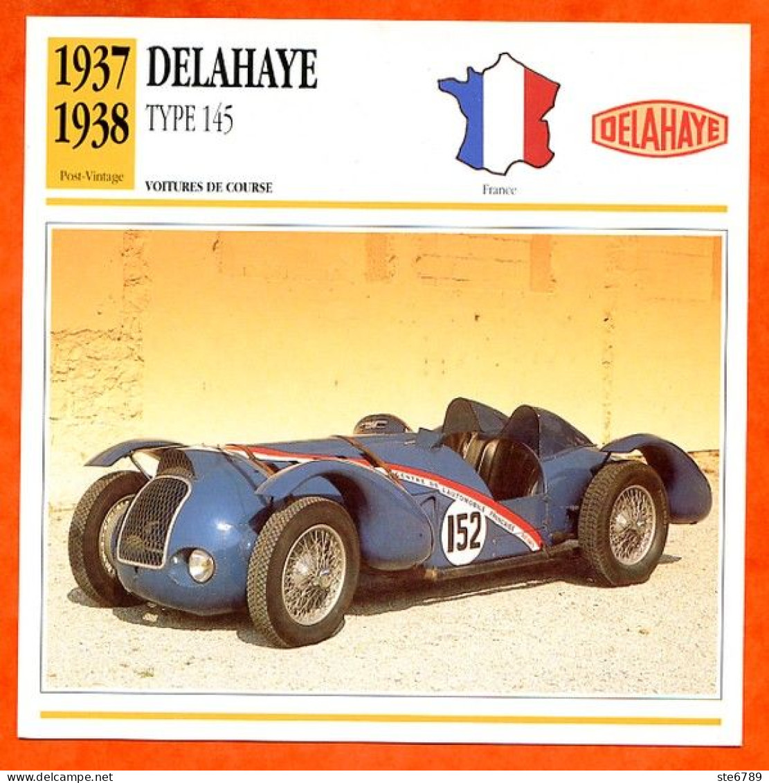 DELAHAYE TYPE 145 1937  Voiture De Course France Fiche Technique Automobile - Autos
