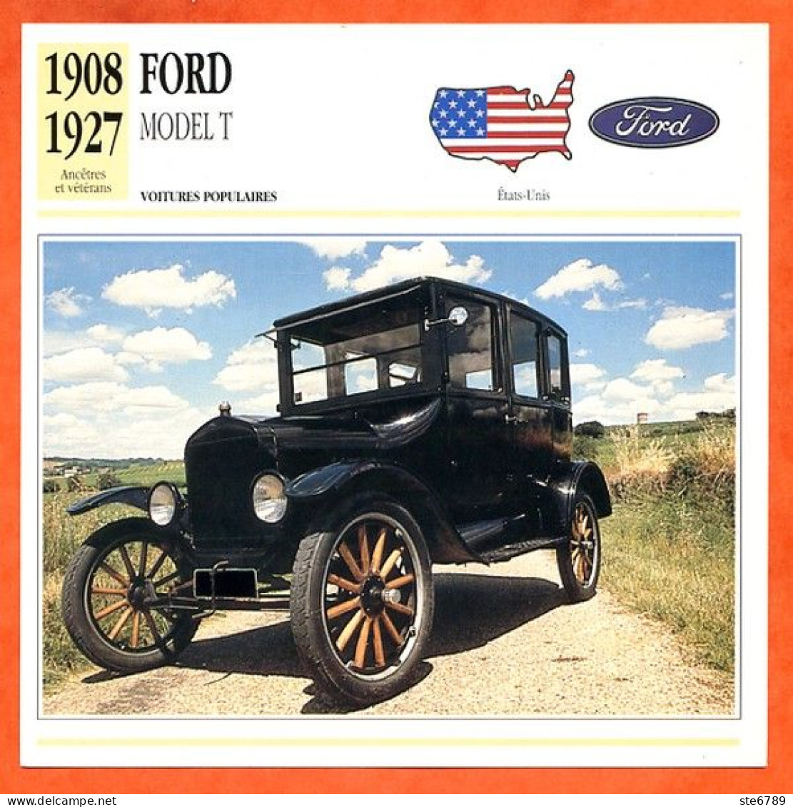 FORD MODEL T 1908 Auto Voiture Populaire USA Fiche Technique Automobile - Auto's