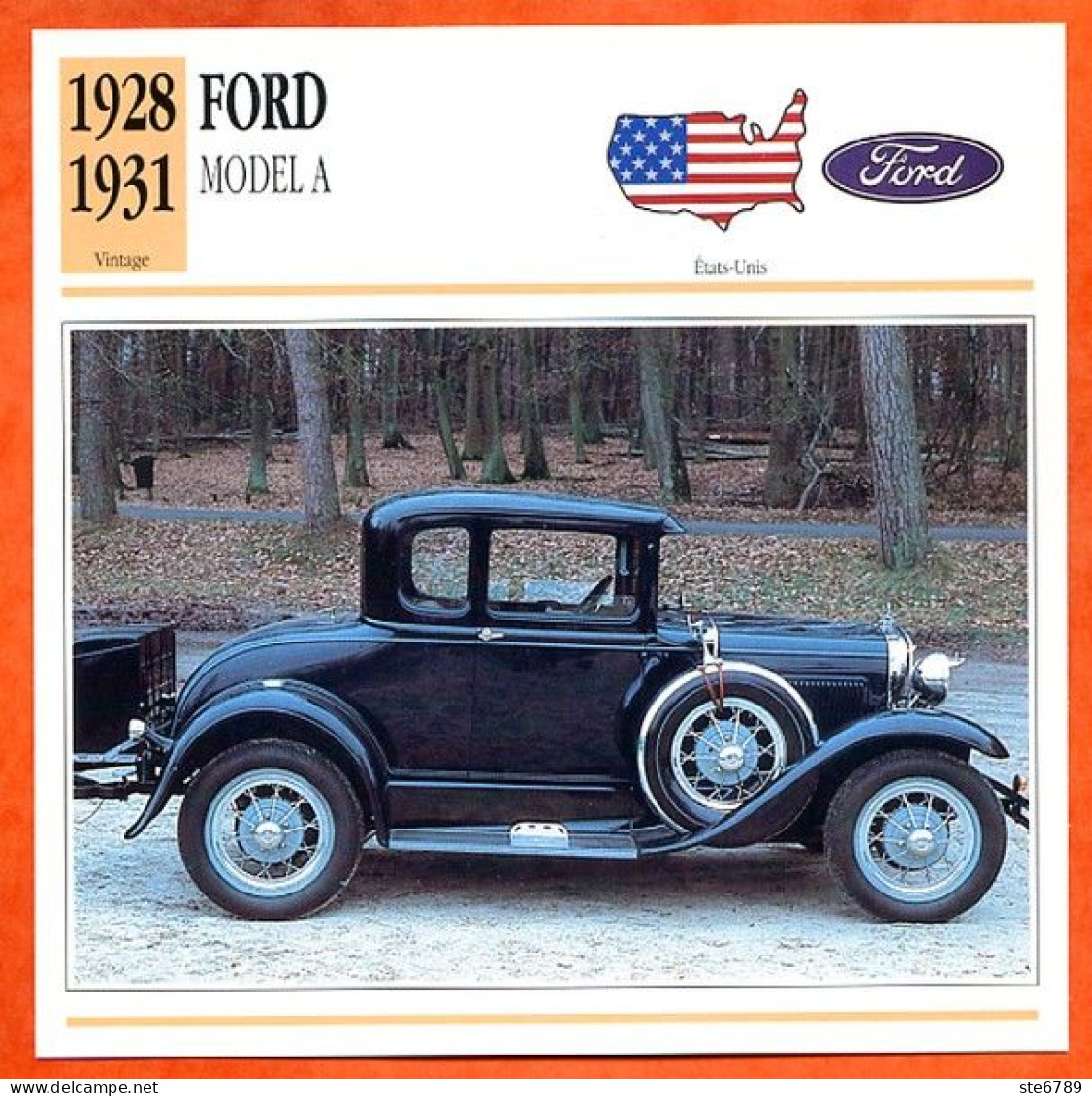 FORD MODEL A 1928  Voiture USA Auto Fiche Technique Automobile - Auto's