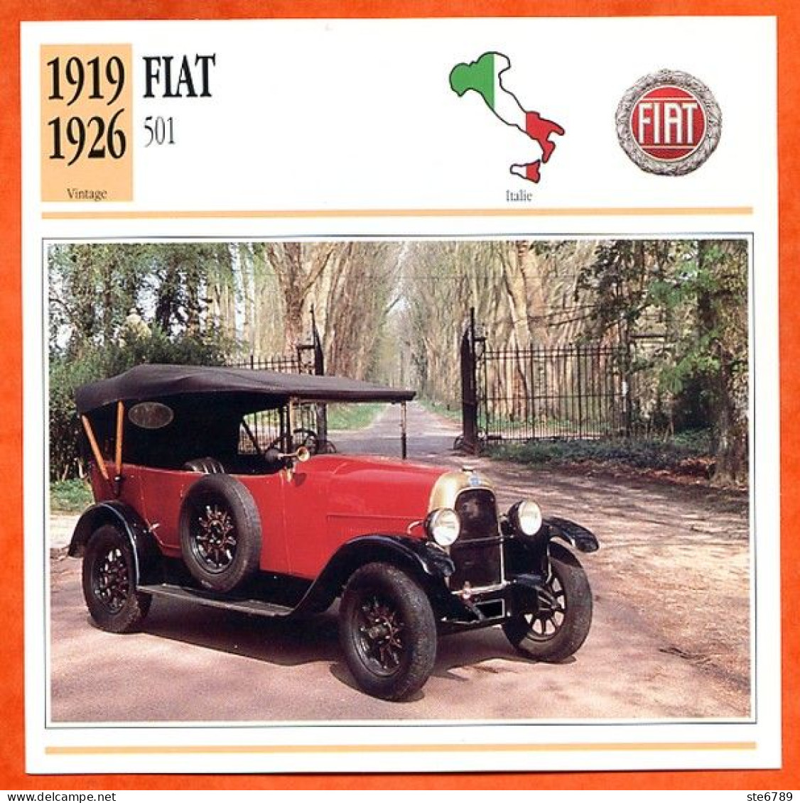 FIAT 501 1919    Voiture Italie  Auto Fiche Technique Automobile - Coches
