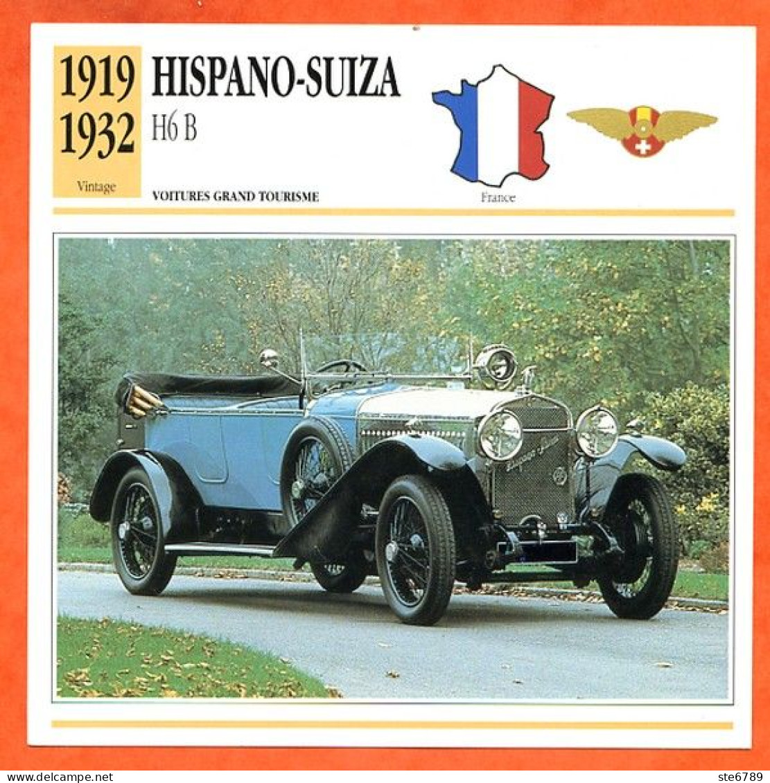 HISPANO SUIZA H6 B 1919 Voiture Auto Grand Tourisme France Fiche Technique Automobile - Autos