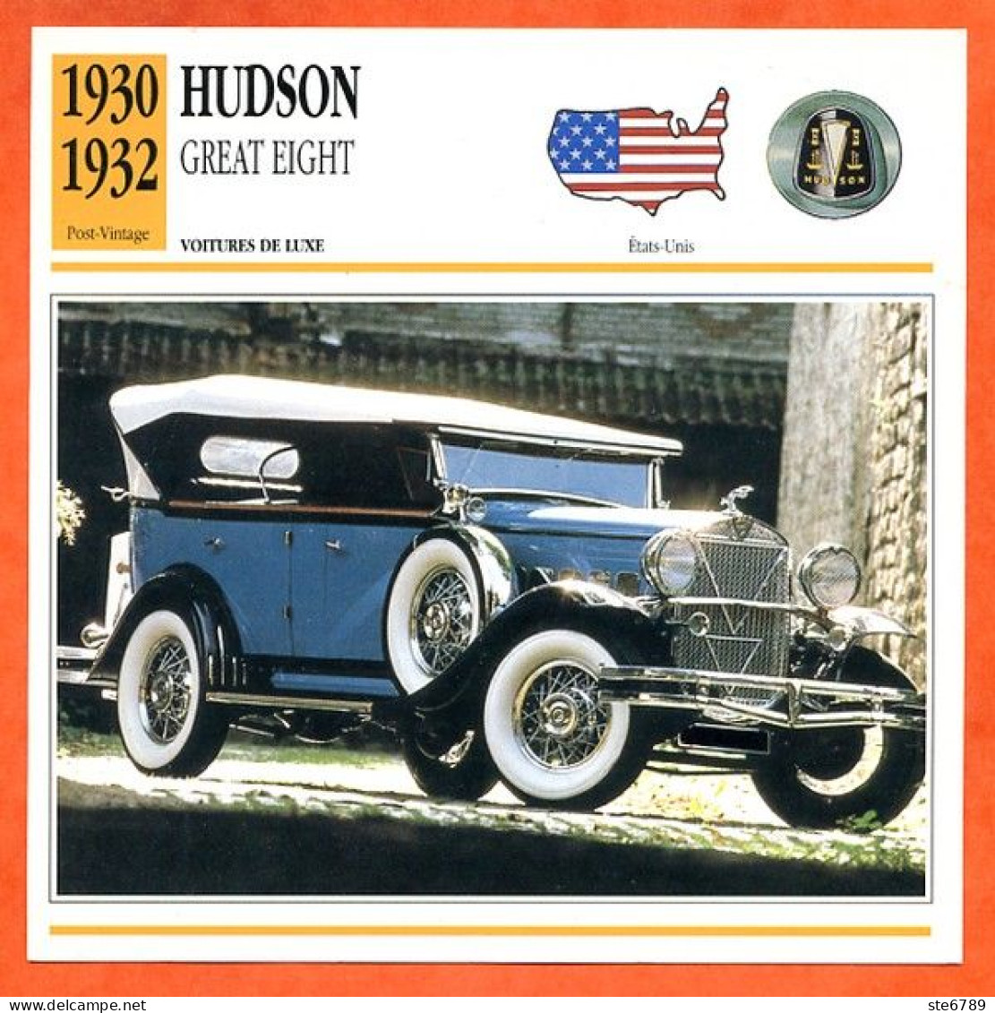 HUDSON GREAT EIGHT 1930 Auto Voiture De Luxe USA Fiche Technique Automobile - Automobili