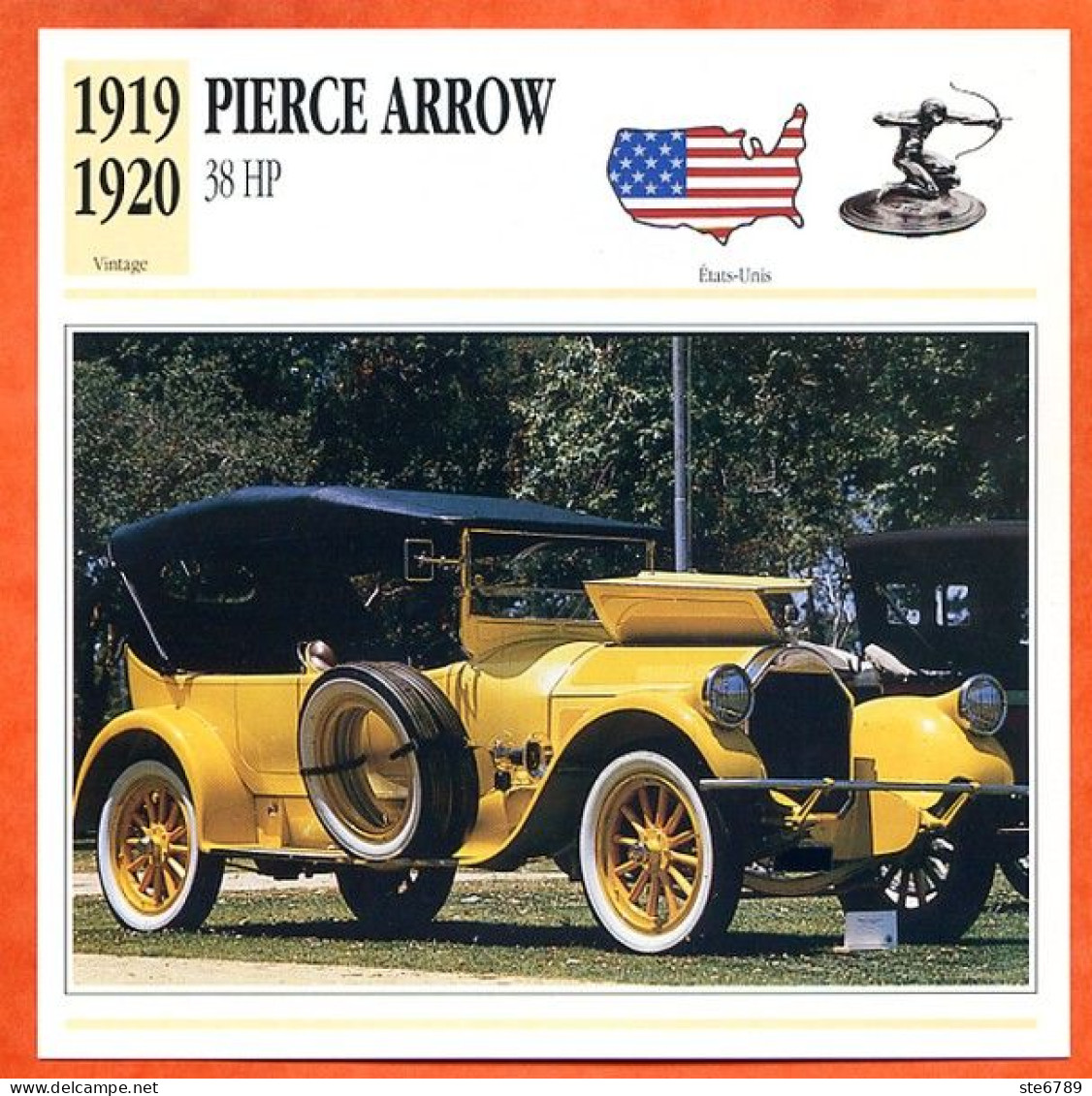 PIERCE ARROW 38 HP 1919  Voiture  USA  Auto Fiche Technique Automobile - Automobili