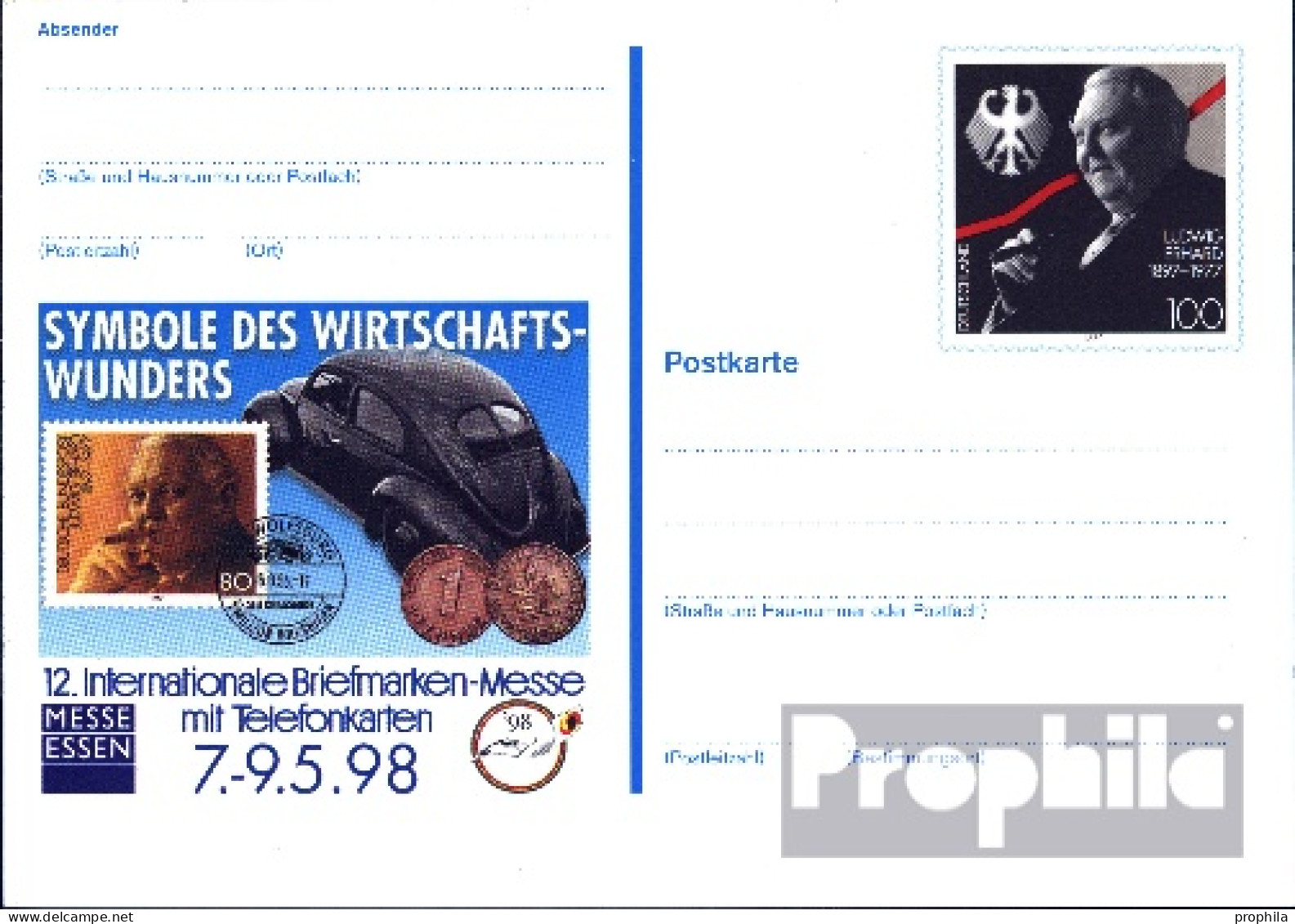 BRD PSo52 Sonderpostkarte Gefälligkeitsgestempelt Gebraucht 1998 Ludwig Erhard - Altri & Non Classificati