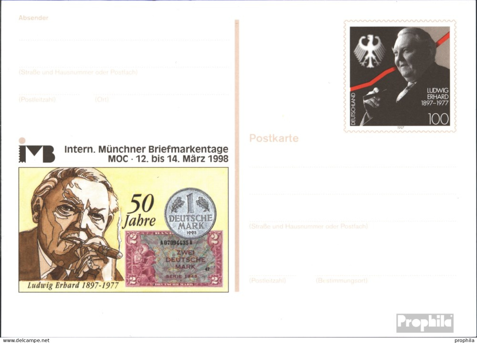 BRD PSo51 Amtliche Sonderpostkarte Gebraucht 1998 Ludwig Erhard - Postkarten - Gebraucht