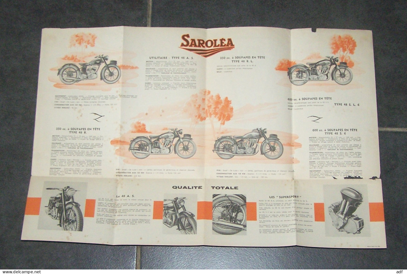 DEPLIANT PUB PUBLICITAIRE MOTO MOTOS SAROLEA, UTILITAIRE, 600 CC A SOUPAPES EN TETE, SUPERSPORT, 48 A.S, MOTOCYCLETTE - Motos