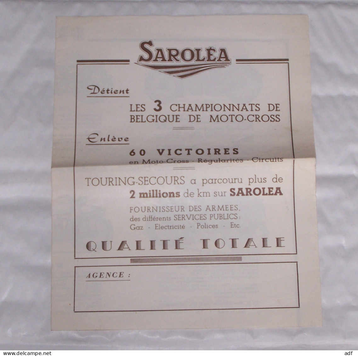 DEPLIANT PUB PUBLICITAIRE GAMME MOTO MOTOS SAROLEA 1950, A.S, A.S.L, T.L.6, B.L, L.W, S.L.6, MOTOCYCLETTE - Motor Bikes