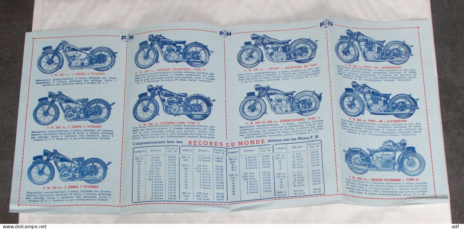 DEPLIANT PUB PUBLICITAIRE MOTO MOTOS F.N FN 1938, TOURING STANDARD LUXE, SPORT, SUPERSPORT, JULES CRASSET CHARLEROI - Motor Bikes