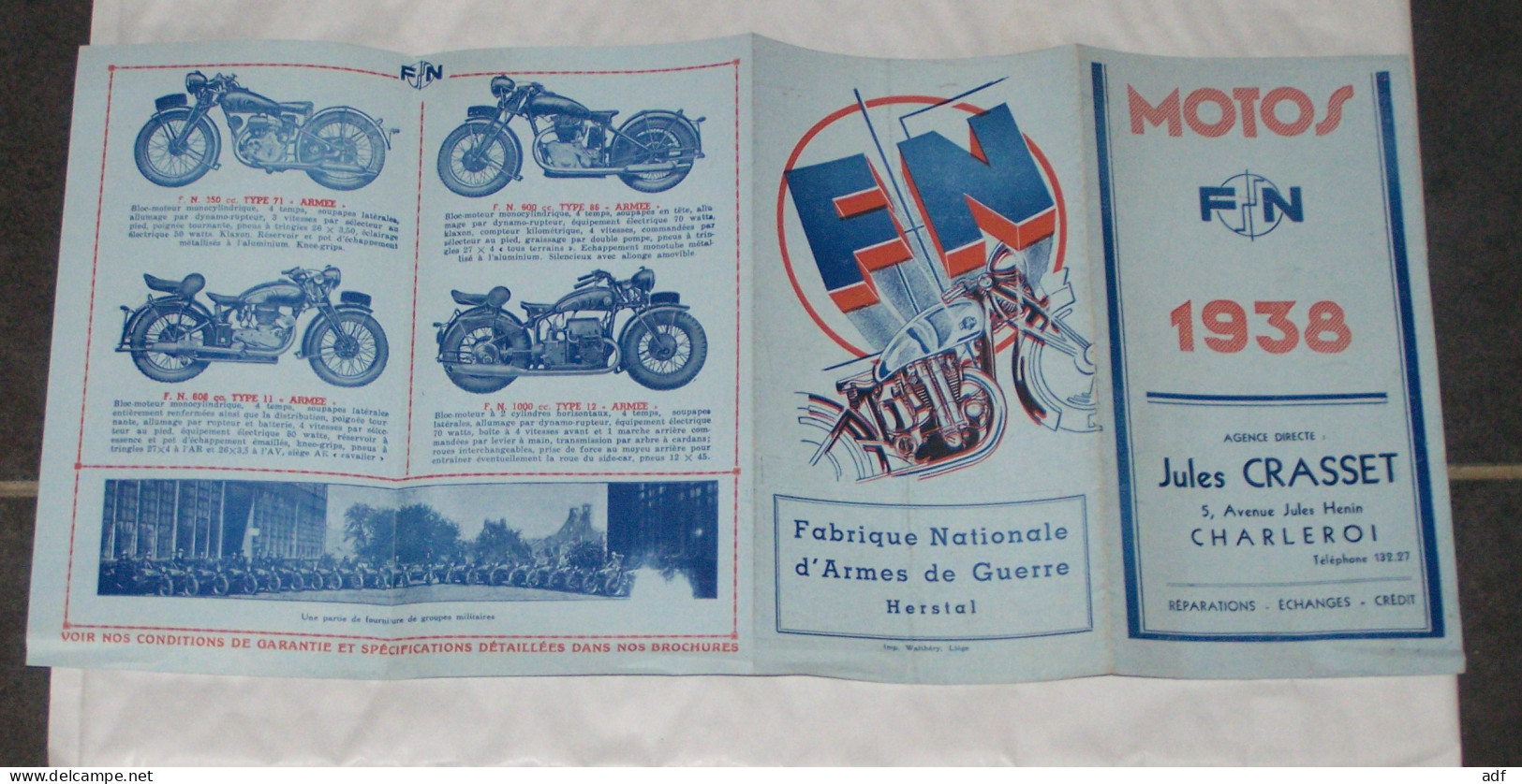 DEPLIANT PUB PUBLICITAIRE MOTO MOTOS F.N FN 1938, TOURING STANDARD LUXE, SPORT, SUPERSPORT, JULES CRASSET CHARLEROI - Moto