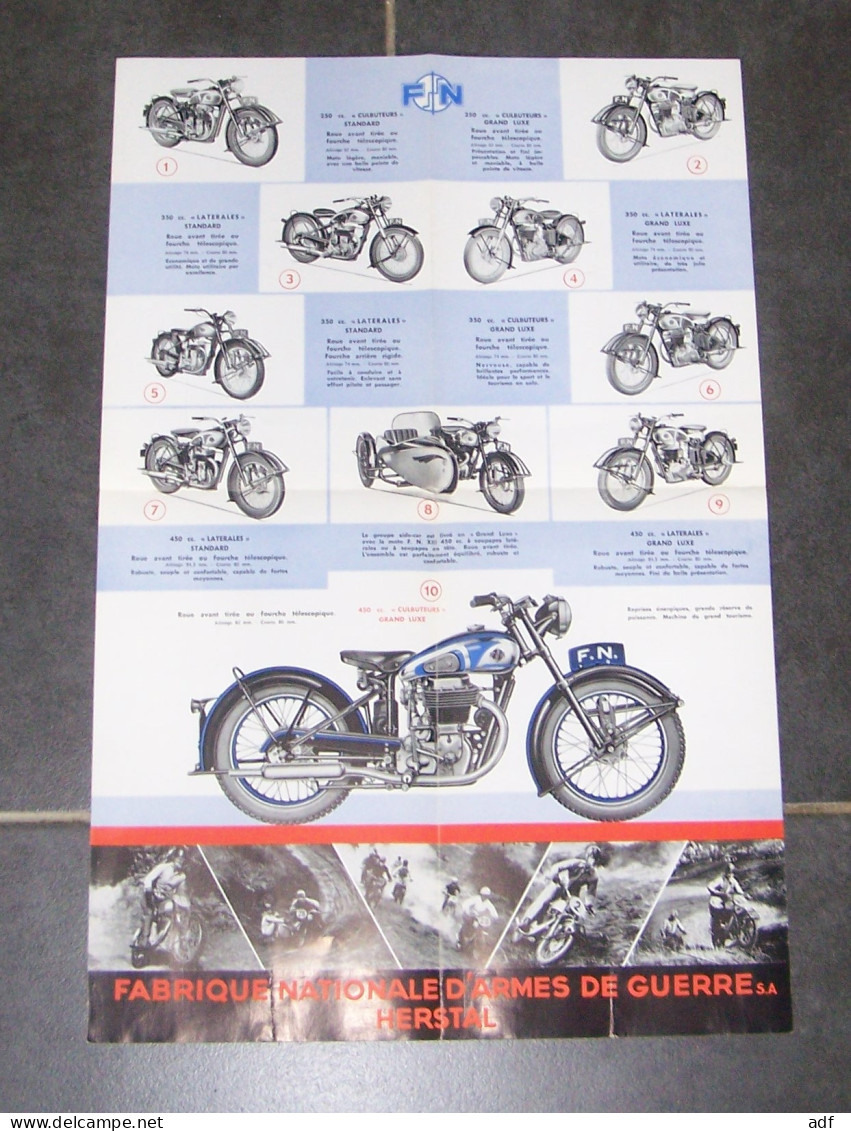 DEPLIANT PUB PUBLICITAIRE MOTO MOTOS F.N FN STANDARD, GRAND LUXE, SIDE CAR, HERSTAL, MOTOCYCLETTE - Moto