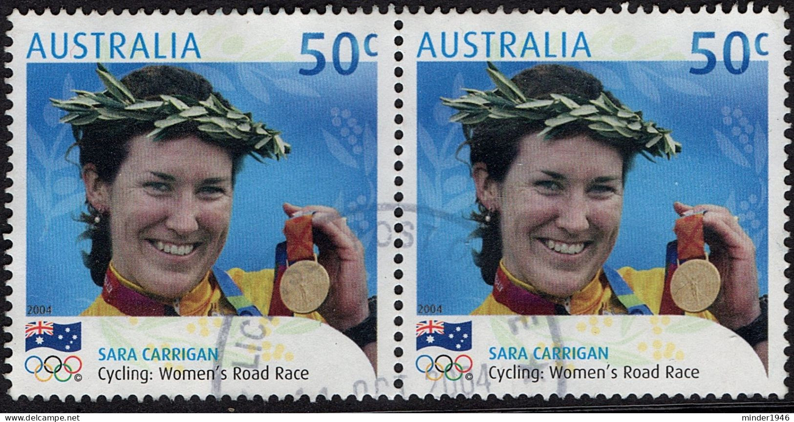 AUSTRALIA 2004 50c Horizontal Pair Multicoloured, Olympic Gold Medal Winners-Sara Carrigan-Cycling SG2414 FU - Gebraucht