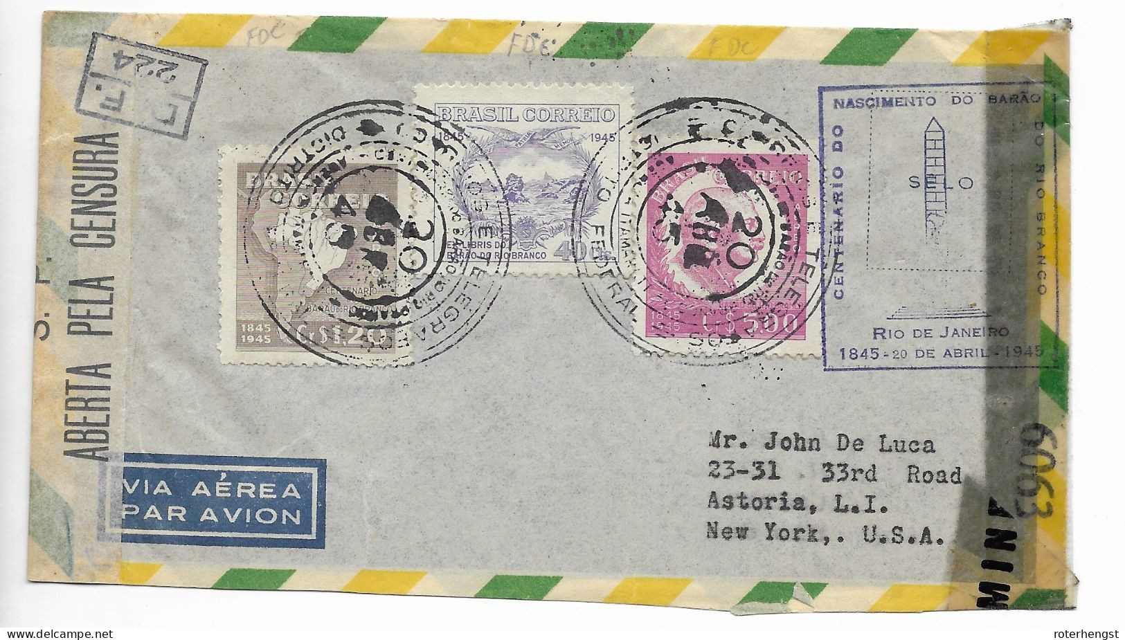 Brazil 20.4.1945 Censored And Examined Letter Rio To New York FDC Circulated - FDC