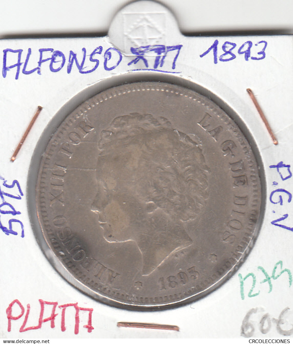 CRE1279 MONEDA ESPAÑA 5 PESETAS PLATA ALFONSO XIII 1893 PGV  - Sonstige & Ohne Zuordnung